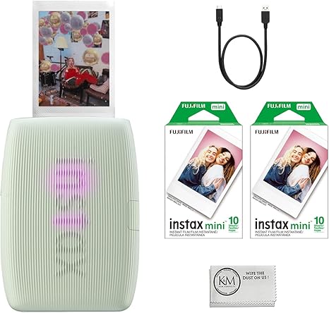 Fujifilm INSTAX Mini Link 3 Smartphone Printer | Sage Green Bundled INSTAX Mini Instant Film | 20 Exposures + Microfiber Cleaning Cloth (3 Items)