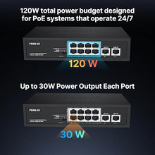 Load image into Gallery viewer, 8 Port Full Gigabit PoE+ Switch with Rack Mount Ears, with 2 Gigabit Uplink Ports Up to 30W Per PoE Port, Total Budget 120W, 48 Volt 803.af/at Compliant, Compatible with PoE IP Cameras VOIP Phones
