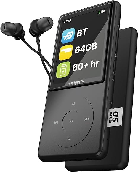 Bluetooth MP3 Player with Earphones | 64GB Slim, Expandable up-to 128GB, Inbuilt Speaker, 2.4” Full Color Display with Intuitive Touch Controls, 67h Battery Life | Majority MP3 Pro