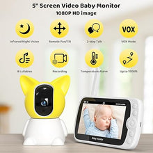 Load image into Gallery viewer, Baby Monitor with Camera and Audio, 1080P Baby Monitor No WiFi, 5&#39;&#39; LCD Screen, Night Vision, 1000ft Long Range, VOX, 8 Lullabies, 2-Way Talk, and Remote Pan Tilt Zoom
