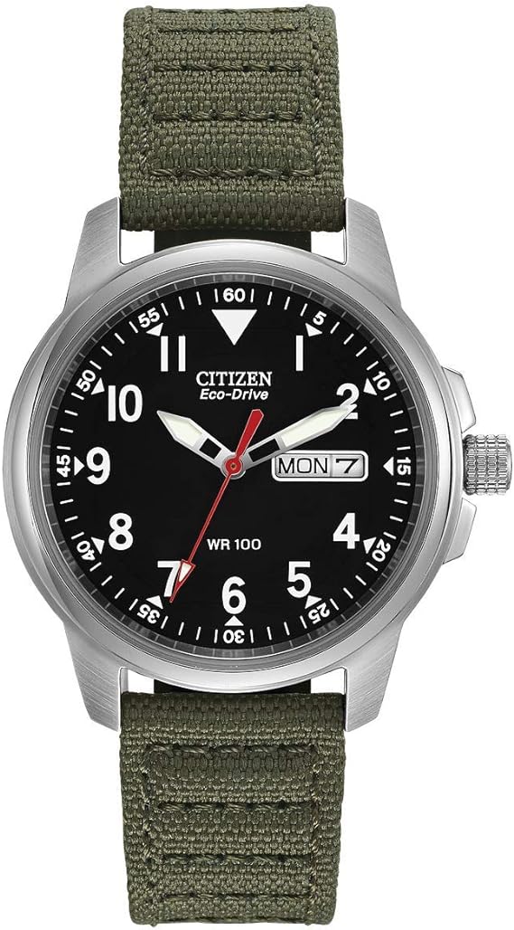 Citizen Men's Sport Casual Garrison 3-Hand Day/Date Eco-Drive Nylon Strap Watch, Arabic Markers, 100 Meters Water Resistant, Luminous Hands and Markers