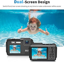 Load image into Gallery viewer, Underwater Camera, UHD 5K 64MP 16FT Waterproof Digital Camera with WiFi Connection 16X Zoom Selfie Dual Screens Waterproof Camera for Snorkeling with 32GB Card and 1200mAh Battery(Black)
