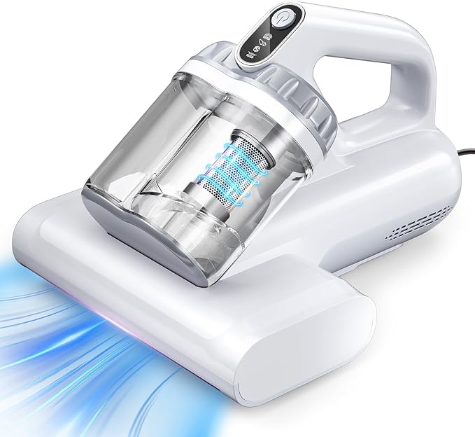 Mattress Vacuum Cleaner 15Kpa Bed Vacuum Cleaner 273nm UV-C Light & Ultrasonic Heating Tech 400W Handheld Vacuum Wide Suction Port 0.6L Capacity Double Cup for Pillows Cribs Sofa White Corded