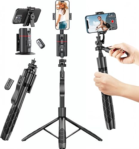 Auto Face Tracking Tripod, 360° Rotation Face Body Tracking Phone Holder, Rechargeable Phone Camera Mount Remote and Gesture Control with Adjustable Selfie Stick Tripod Stand for Phone Camera GoPro