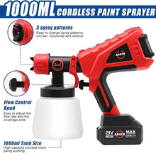 Load image into Gallery viewer, Cordless Paint Sprayer with 2 Batteries, HVLP Electric Paint Gun with 1000ML Container, 5 Copper Nozzles &amp; 3 Spray Patterns
