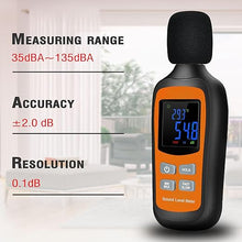 Load image into Gallery viewer, Decibel Meter,Digital Sound Level Meter Portable SPL Meter,35dB to 135dB Temperature Function,Noise Meter with A-Weighted [MAX/MIN Fast/Slow Data Hold], Use for Home, Noisy Neighbor, Factory
