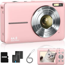 Load image into Gallery viewer, Lecran Digital Camera, FHD 1080P Kids Camera with 32GB Card, 2 Batteries, Lanyard, 16X Zoom Anti Shake, 44MP Compact Portable Small Point Shoot Camera Gift for Kid Student Children Teen Girl Boy(Pink)
