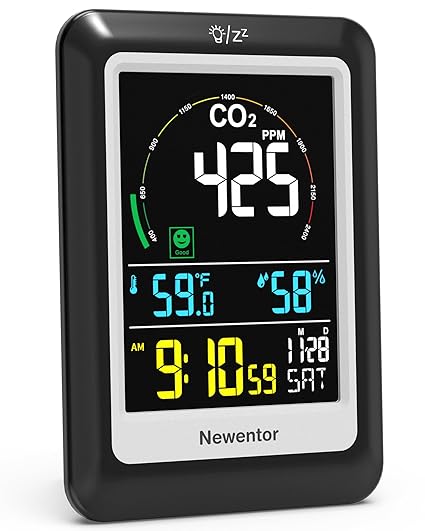 Newentor CO2 Monitor, Indoor Air Quality Meters, Carbon Dioxide Detector with Voice Alert, Large Display CO2 Tester, Temperature Humidity Sensor, Alarm Clock for Home, RV, Grow Tents, Black