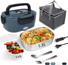 Load image into Gallery viewer, Electric Lunch Box, 12V/24V/110V Portable Food Warmer with SS Fork &amp; Spoon for Car/Truck/Office, 80W Self Heating Lunch Box with 1.5L 304 Stainless Steel Container &amp; 0.45L PP Fruit Box Black
