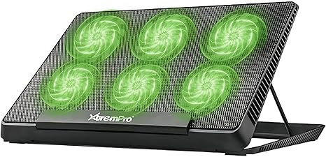 Portable Metal Mesh Laptop Cooler Cooling Pad, 6 Quiet Fans w/Green LED Light, 5 Adjustable Heights, Up to 17