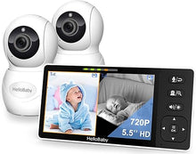 Load image into Gallery viewer, HelloBaby 720P 5.5&quot; HD Baby Monitor 2 Cameras and Audio, No WiFi, Split Screen Remote Pan Tilt Zoom Video Baby Monitor Wide View Range, 1080P Camera, Night Light, 4000mAh Battery, Time&amp;Clock
