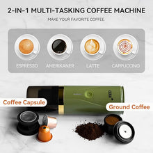 Load image into Gallery viewer, CERA+ Portable Espresso Machine, Self-Heating Electric Coffee Maker, 20 Bar Pressure Compatible with NS Pods &amp; Ground Coffee for Travel, Camping, Office, Home(Green) today
