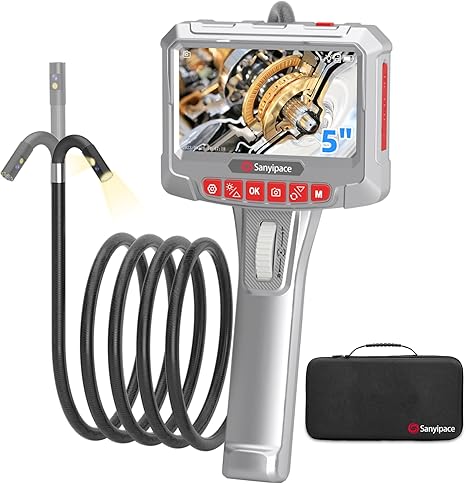 Two-Way Articulating Borescope with Dual Lens, 8+1 Lights, 5'' IPS Screen, Mic and Speaker, 32GB Card, 2 MP FHD,Sanyipace Snake Camera for Plumbing, Automotive, Mechanics, Duct,Industrial -5FT/1.5M