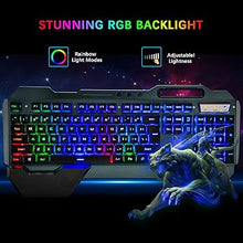 Load image into Gallery viewer, Wireless Gaming Keyboard Mouse &amp; Mouse Pad Combo,3 in 1 Rainbow Backlit Rechargeable Keyboard with 3800mAh Battery Metal Panel Removable Hand Rest,RGB Gaming Mouse Pad(32.5x12 inch),Mute Gaming Mice
