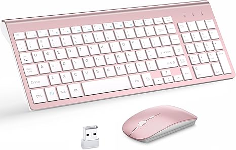 Wireless Keyboard and Mouse with Mouse Pad Ultra Slim Combo, MOOJAY 2.4G USB Quiet Compact Scissor Switch Keyboard Mice Set with Cover, 2 AA and 2 AAA Batteries, for Laptop/PC/Windows-Rose Gold White