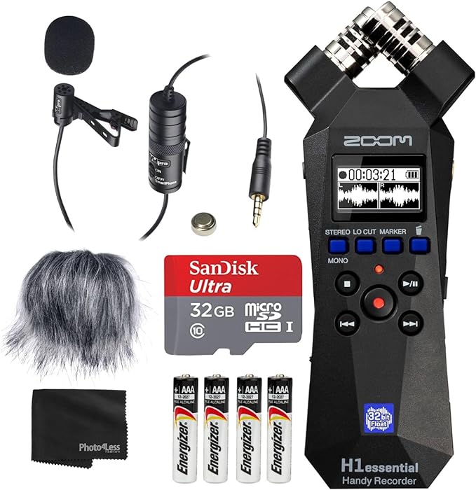 Zoom H1essential Handy Recorder Bundle with Professional Lavalier Condenser Microphone, 32GB microSDHC Card, Furry Microphone Windscreen, 4 AAA Alkaline Batteries, and More!