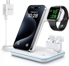 Load image into Gallery viewer, WAITIEE Wireless Charger 3 in 1, 15W Fast Charging Station for Apple Watch 10/9/8/Ultra 2/Ultra/SE/7/6/5/4/3/2, for AirPods 3/2/1/Pro for iPhone 16/15/14/13 /Plus/Pro/Pro Max/12/11(White)
