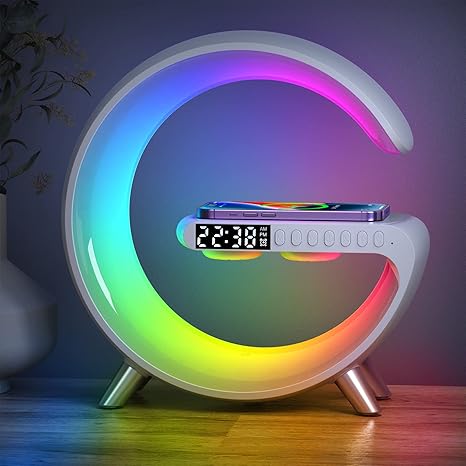 BKDRL Bluetooth Speaker Lamp with Wireless Charger, RGB Night Light, Alarm Clock, App Control - White