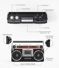 Load image into Gallery viewer, Riptunes Boombox Radio Cassette Player Recorder, AM/FM -SW1/SW2 Radio, Wireless Streaming, USB/Micro SD Slots, Aux in, Headphone Jack, Classic 80s Style Retro, Black
