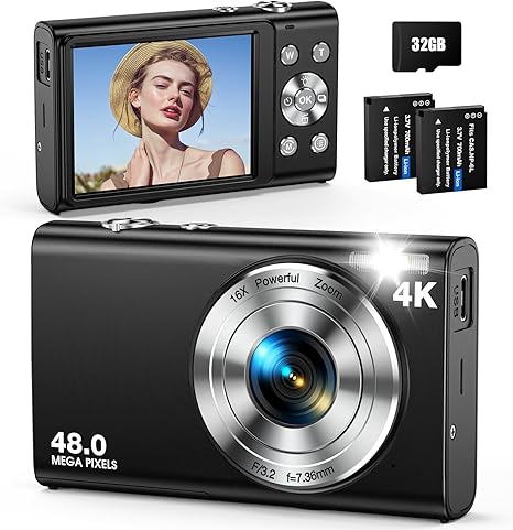 Digital Camera, Autofocus 48MP UHD 4K Vlogging Camera 16X Digital Zoom, Portable Compact Point and Shoot Digital Camera for Teens Adult Beginner with 32GB Card, 2 Batteries, Lanyard(Black)