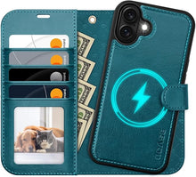 Load image into Gallery viewer, OCASE for iPhone 16 Plus Case Detachable Wallet Case with Card Holder, 2 in 1 Pu Leather Flip Folio with RFID Blocking Stand Wrist Strap Shockproof Phone Cover 6.7 Inch 2024, Peacock Blue
