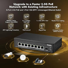 Load image into Gallery viewer, MokerLink 8 Port 2.5G PoE Switch with 10G SFP+ Slot, 8 x 2.5G Base-T Ports Compatible with 10/100/1000Mbps, IEEE8023af/at PoE 135W, Metal Unmanaged Fanless Small Network Switch
