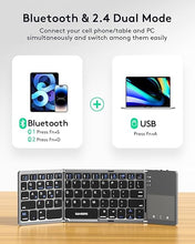 Load image into Gallery viewer, Samsers Multi-Device Foldable Bluetooth Keyboard with Touchpad Rechargeable Dual-Mode(2.4G+BTx2) Wireless Keyboard with Holder, Portable Ultra Slim Folding Keyboard for Android Windows iOS Mac OS
