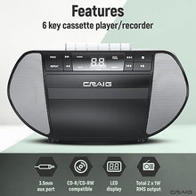 Load image into Gallery viewer, Craig Portable Top-Loading CD Boombox with AM/FM Stereo Radio and Cassette Player/Recorder in Black | Cassette Player/Recorder | LED Display (Black/Gray)
