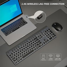 Load image into Gallery viewer, Wireless Keyboard and Mouse RGB Backlit Combo, Slim &amp; Quiet, Rechargeable, Light Up, Jiggler Mouse, Tilt Angle, 2.4GHz Silent Keyboard Mouse for Mac Windows PC Computer, Laptop, Desktop (Space Gray)
