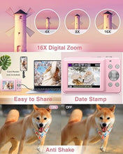 Load image into Gallery viewer, Digital Camera, Upgraded FHD 1080P Kids Camera with 32GB Card, 16X Zoom Time Stamp Anti Shake, Lanyard, 44MP Compact Portable Small Point and Shoot Camera for Kid Student Children Teen Girl Boy(Pink)
