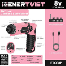 Load image into Gallery viewer, Enertwist Electric Screwdriver, 8V Max 10Nm Pink Cordless Screwdriver Rechargeable Set with 9 Accessory Kit, 21+1 Cluth, Dual Position Handle, LED Light
