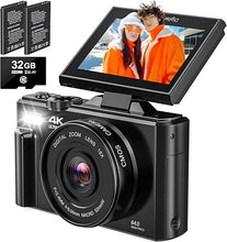 Load image into Gallery viewer, 4K Digital Camera - Digital Cameras for Photography - 64MP Vlogging Camera for YouTube - Autofocus Video Camera 3&quot; 180° Flip Screen with 18X Zoom - Compact Travel Cameras with 32GB SD Card 2 Batteries
