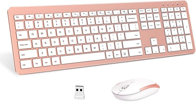 Wireless Keyboard and Mouse Combo - Full Size Slim Thin Wireless Keyboard Mouse with Numeric Keypad 2.4G Stable Connection Adjustable DPI - Rose Gold & White