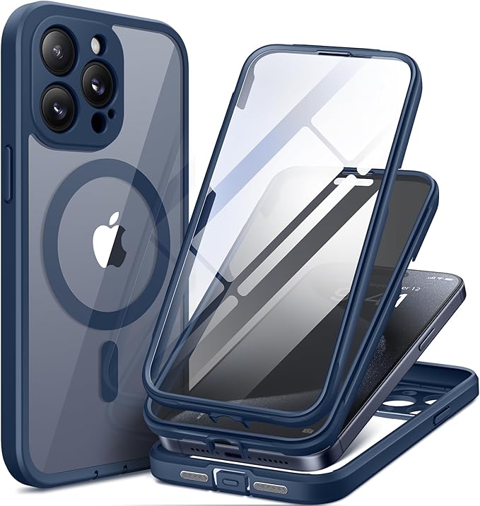 for iPhone 15 Pro Case Magnetic, [Compatible with Magsafe], Built-in 9H Tempered Screen Protector & Privacy Screen Protector & Upgraded Camera Protection, Dustproof Phone Case, Dark Blue