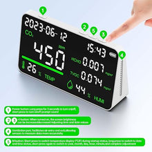 Load image into Gallery viewer, 7-in-1 Air Quality Monitor, Indoor Humidity Monitor, Temperature, CO2, TVOC, HCHO, Time, Date Display Desktop Air Quality Tester, Air Quality Meters for Home Office Hotel Restaurant School
