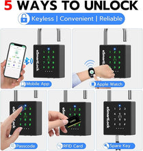 Load image into Gallery viewer, eLinkSmart Heavy Duty Smart Padlock with Key, Pad Locks with Code Keypad, Weatherproof Bluetooth RFID Keyless Electronic Digital Combination Lock for Outdoor Fence Gate Pool Shed Gym Locker Storage
