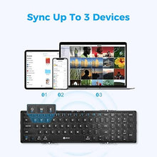 Load image into Gallery viewer, iClever Portable Keyboard, BK09 Foldable Bluetooth Keyboard with Number Pad for Travel and Business Trip, Rechargeable Portable Keyboard for Laptop, iPad, iPhone, Sync up to 3 Devices
