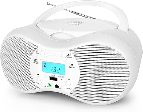 CD-X9C Boombox Portable CD Player, Boombox CD Player Combo for Kids, AC and Battery Powered, CD/MP3/WMA CDs Compatible, 3.5mm Aux Input and Headphone Jack, Clear Stereo Sound for Home (Elegant White)