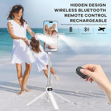 Load image into Gallery viewer, Mini Phone Tripod Stand,MQOUNY 38" Phone Tripod &amp;Selfie Stick with Wireless Rechargeable Remote &amp; Removable Light, Extendable Tripod Stand 360 Rotation Compatible with Phone&amp;Android Samsung (White)
