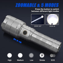 Load image into Gallery viewer, 900000 High Lumens Flashlights LED Rechargeable Tactical Flashlight 5 Modes Zoomable Fast Charging IPX6 Waterproof Flash Light Super Bright Handheld Flashlights for Camping Outdoor and Gift
