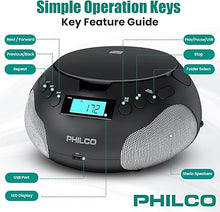 Load image into Gallery viewer, PHILCO Portable Boombox with CD Player | Compatible with MP3/WMA/CD-R/CD-RW | FM Radio | 3.5mm Aux Input | Stereo Sound | LED Display | AC/Battery Powered for indoor &amp; outdoor| Compact and Easy-to-Use
