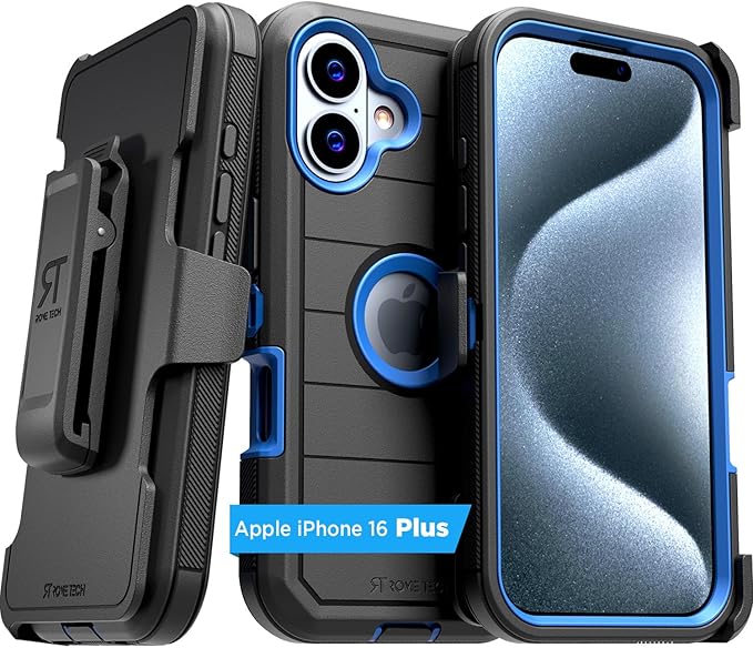 for iPhone 16 Plus Case with Belt Clip Holster & Kickstand, Screenless Protective Dual-Layer Shockproof Phone Case for iPhone 16 Plus - Black & Blue