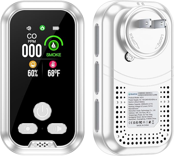 4IN1 Plug in Carbon Monoxide Detector & Smoke Alarm Combination Builti-in 2000 mAh Battery with 2.1'' HD Screen [Smoke CO Temp Humidity Monitor] Plug&Play for Home Travel Hotel RV (White)