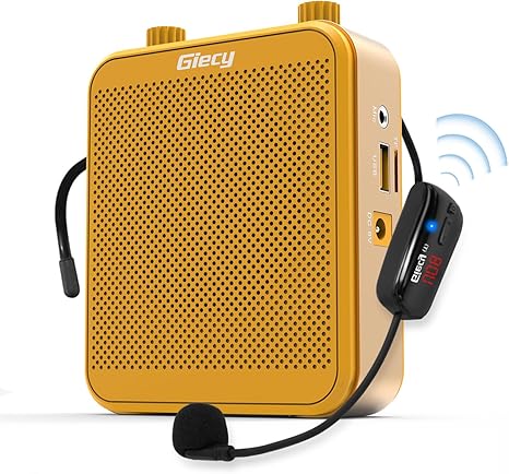 Portable Voice Amplifier with UHF Wrieless Microphone Headset, 30W Bluetooth Rechargeable Personal Voice Amplifier, PA System Speaker for Classroom, Meetings and Outdoors (Yellow)