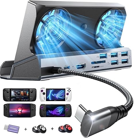LISEN 13-IN-1 Docking Station for Steam Deck OLED&ROG Ally X&Legion Go, Dual Cooling Fan 5 USB Ports and 4K@60Hz, 100W Charging Port Support ROG Ally 30W Mode, Gigabit Ethernet Fit for Steam Deck OLED