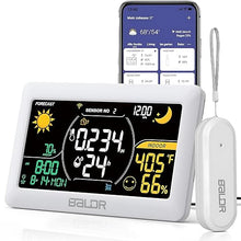 Load image into Gallery viewer, BALDR WiFi Weather Station with App, Smart Wireless Weather Station Indoor Outdoor Thermometer with Humidity Monitor, Online Real-time Forecast, Home Weather Station Temperature Sensor Included, White
