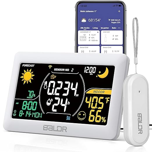 BALDR WiFi Weather Station with App, Smart Wireless Weather Station Indoor Outdoor Thermometer with Humidity Monitor, Online Real-time Forecast, Home Weather Station Temperature Sensor Included, White