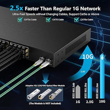 Load image into Gallery viewer, 24 Port 2.5Gb Ethernet Network Switch 24 x 2.5 Gigabit Base-T Port | 2 x 10G SFP+ | Compatible with 10-100-1000Mbps Devices | Fanless Quiet Metal Internet Switch | Rack Mount | 160G Bandwidth
