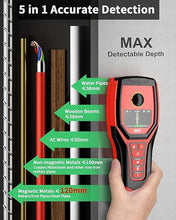 Load image into Gallery viewer, 5 in 1 Professional Stud Finder Wall Scanner Rechargeable for Precise Center and Edge of AC Wire Magnetic Metal Joist Wood Pipe Detection, Audio Light Alarm, HD Color Display Position &amp; Depth
