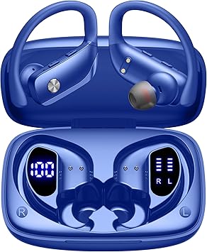 bmani Wireless Earbuds Bluetooth Headphones 48hrs Play Back Sport Earphones with LED Display Over-Ear Buds with Earhooks Built-in Mic Headset for Workout Blue